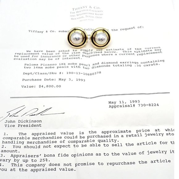 Authentic Tiffany & Co Picasso 18k Yellow Gold Diamond Mabe Pearl Earrings Paper - Picture 11 of 11